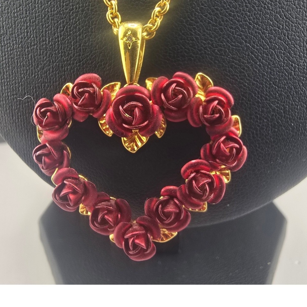 Vintage Danbury Mint Heart Necklace Gold Tone Red Rose Enamel 18-21 Inch